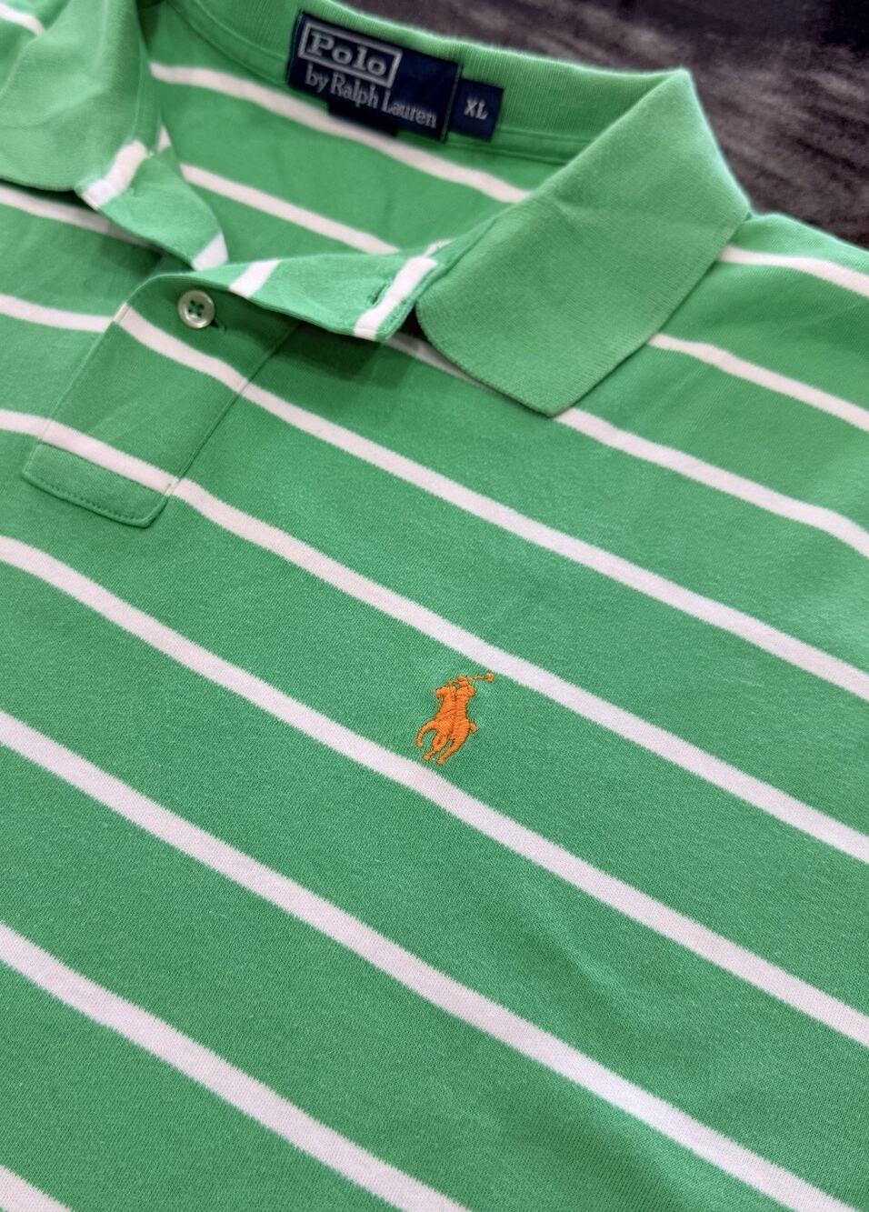 Polo Ralph Lauren Green Stripe Polo Shirt Mens XL Orange Pony Summer Golf